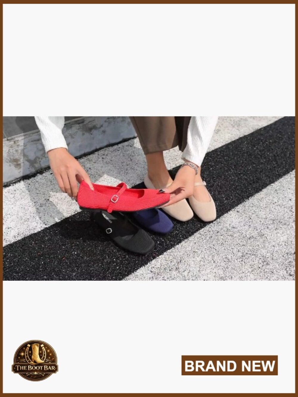 Square Toe Knit Ballet Flats Adjustable Ankle Strap Slip On Shoes - Picture 7 of 7
